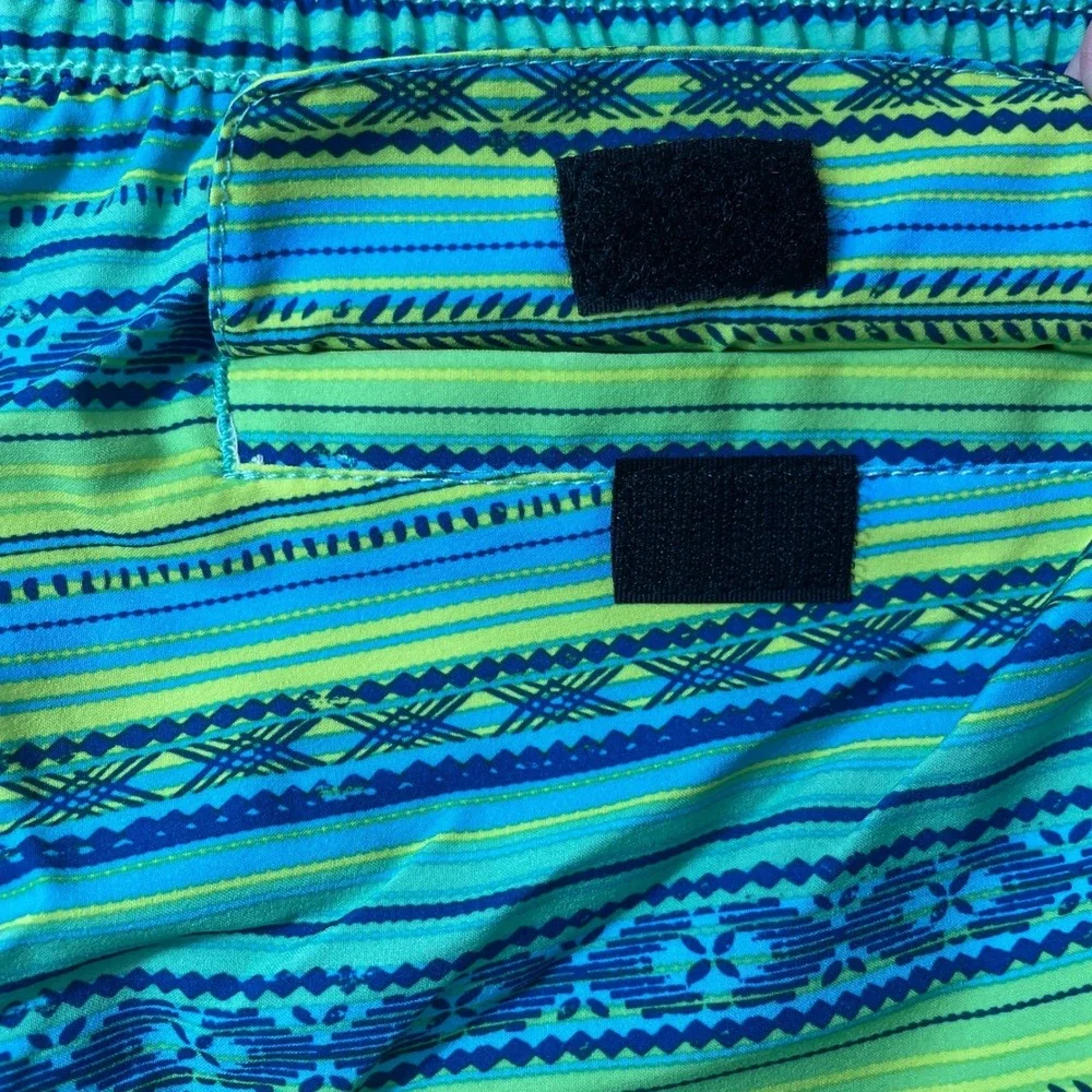 Surfcuz Women Board Shorts Size 32 Green Blue Geometric Stripe Swim Trunks NWT
